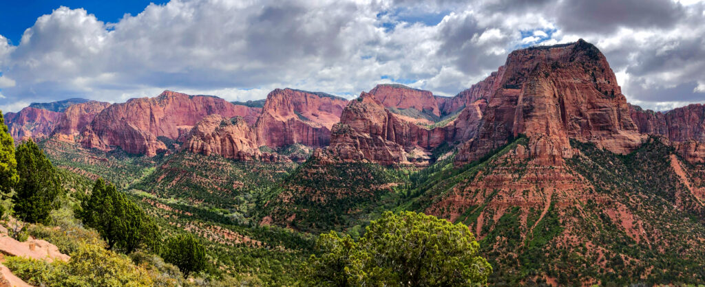 Panoramic View of Kolob Canyon from Timber Creek Overlook Trail, a less visited spot on most Utah National Parks Road Trip Itineraries