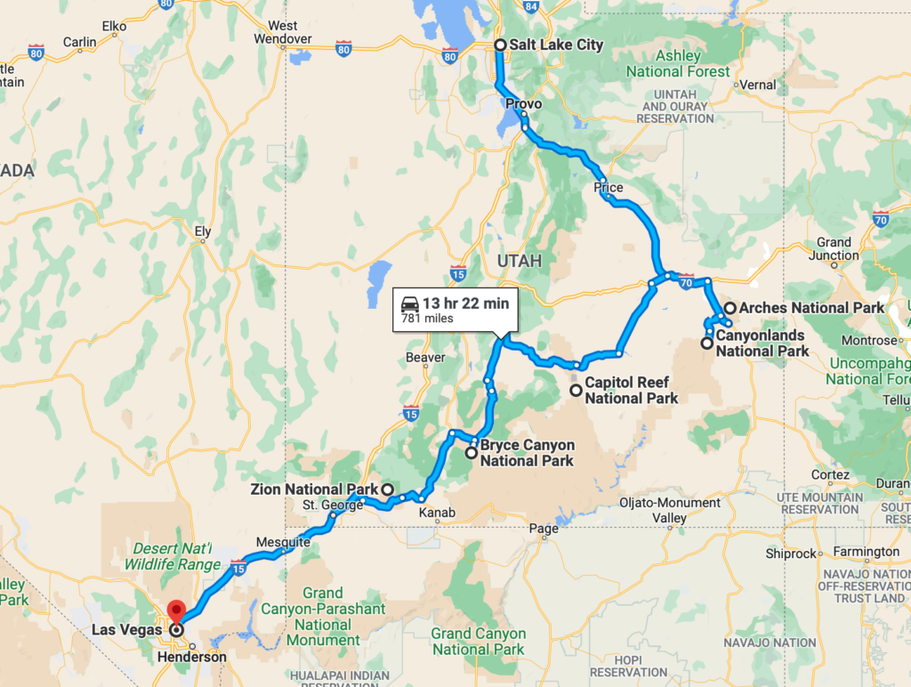 Utah National Parks road trip map